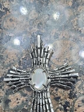 Silver Cross Pendant with Iridescent Opal Center